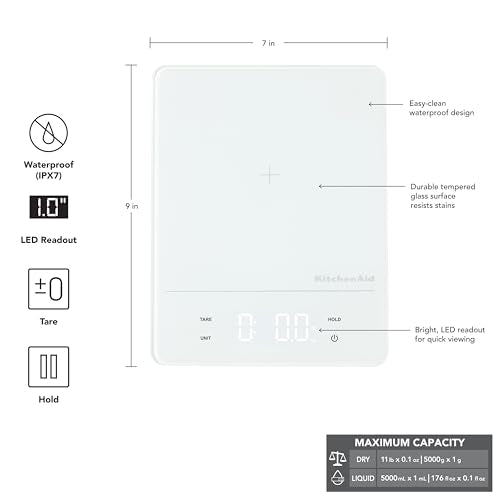 KitchenAid KQ913 Digital Waterproof (IPx7) Kitchen and Food Scale, LED readout, 11 Pound Max Capacity, White - color: White
