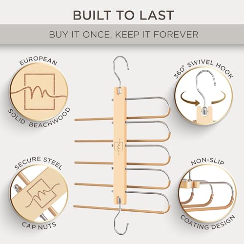 MORALVE Pants Hangers Space Saving - European Beechwood Scarf and Jean Hangers - Closet Organizer and Space Saver Pant Rack, Leggings Hanger, and Scarf Holder with 360° Swivel Hook (1 Pack) - color: Natural, size: 1 Pack