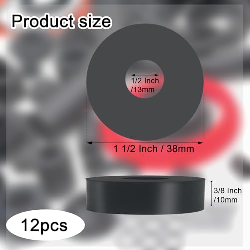 12 PCS Multi Purpose Rubber Spacer 1 1/2 Inch OD x 1/2 Inch ID x 3/8 Inch Thickness, Rubber Bushing Anti Vibration Spacer Thick Rubbers Washers for Home and Car - size: 1 1/2 x 1/2 x 3/8 Inch