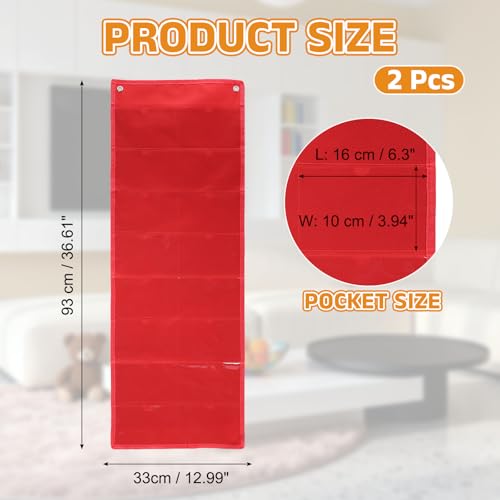 PATIKIL 2 Pcs 4" x 6" Index Card Holder Sleeve, 16 Card Slots Organizer Sleeve, PVC Clear Organizer Hanging Wall Pocket Chart for Office Classroom Library Home Organization, Red - color: Red