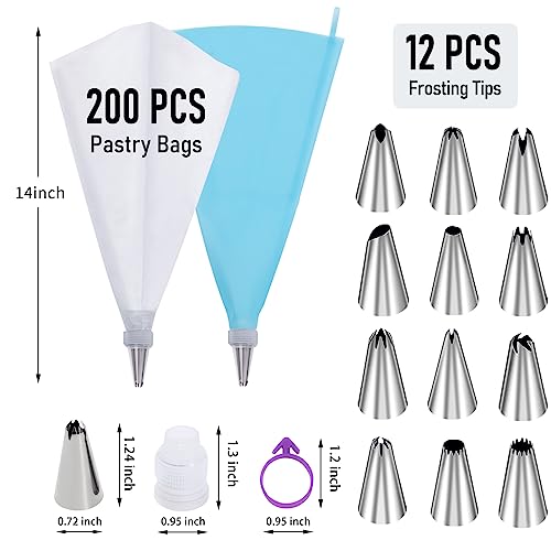 200Pcs Piping Bags and Tips Set, 12 Inch Pastry Bags, Cakes Decorating Kit Supplies, Icing Bags Disposable with 1 Reusable Piping Bags, 12 Frosting Tips, 2 Couplers, 2 Bag Ties (Pack of 2) - size: 12 Inch with Tips(200Pcs) (Pack of 2)