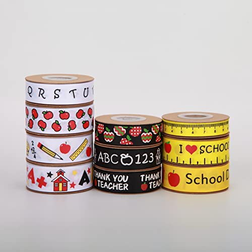 Meseey Back to School Themed Grosgrain Ribbon Ruler School Bus Apple ABC Pencil Backpack Books Chalkboard Printed Craft Ribbons for Teacher Appreciation,Wreath,Gift Wrapping (School Theme Set) - color: School Theme Set