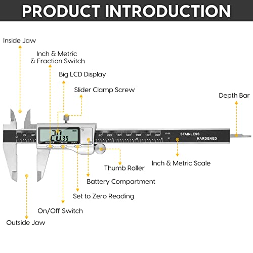 Digital Caliper Measuring Tool, 6 Inch Caliper Tool with Large LCD Screen, Easy Switch from Inch Millimeter Fraction, Stainless Steel Vernier Caliper Digital Micrometer for DIY/Household