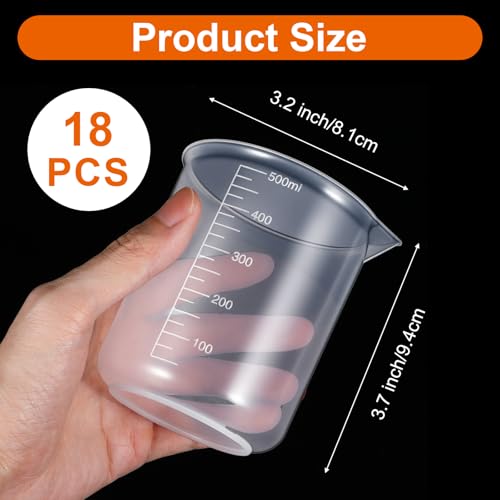 18 Pack Plastic Beakers 500 ml Transparent Lab Measuring Cup Graduations Premium Polypropylene Plastic Graduated Measuring Cups for Science Lab Equipment, Home Experiment
