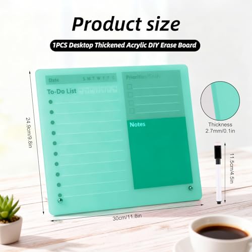 Green Acrylic Dry Erase Board 12x10 inch, Thickened Desktop to Do List Planner Board with Stand and Markers, Frameless Tabletop Green Dry Erase White Board Daily Task Organizer for Office Home School - color: Green