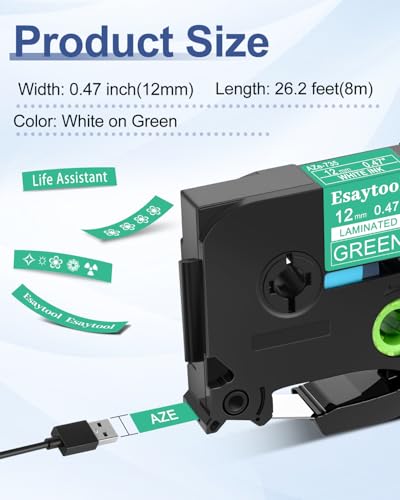 2 Pack Esaytool Replacement for P-Touch TZe-735 TZe735 TZ735 Laminated Label Tape 1/2" 12mm 0.47" White on Green Tape Compatible with ptouch PT-D210 D220 H110 H100 P710BT D220 D410 D600 Label Maker - color: White on Green, size: 12mm