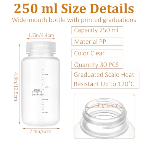 Acrux7 30PCS 8oz/250ml Wide Mouth Plastic Sample Bottles with Airtight Cap