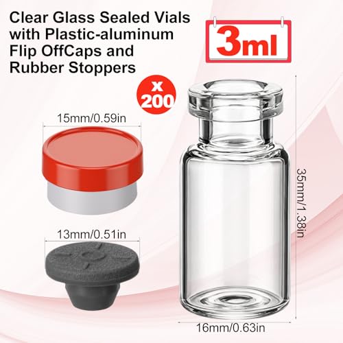 200 Pack 3ml Glass Vial Clear Empty Vials for Injection, Red - color: Red
