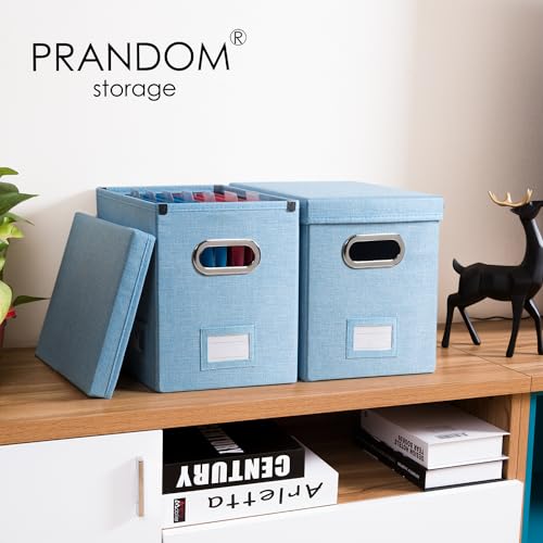 PRANDOM File Organizer Box - Set of 1 Collapsible Decorative Linen Filing Storage Hanging File Folders with Lids Office Cabinet Letter Size Blue (14x9.3x10.8 inch) - color: Blue, size: (1-pack) Without Folders