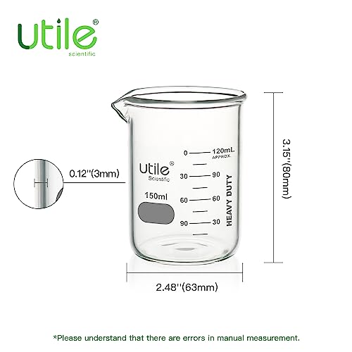 Utile 150ml Glass Beaker Set,10pcs of 5.1oz Upgraded Thickening Chemical Beakers, Low Form Borosilicate 3.3 Glass with Printed Graduation, 4000.0150.10 - style: 10pcs of Vol.150ml