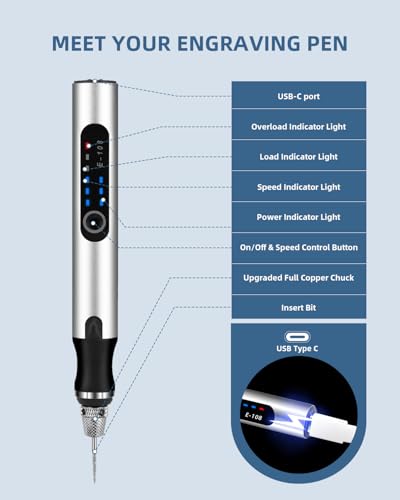 Upgraded Electric Engraving Pen, Wireless Engraving Pen Kit with 34 Bits & 3-Speed Adjust, Practice Materialse & Stencil, Rotary Tool for 60+ Surfaces Cordless Engraver Pen for Artists & DIY - color: Silver