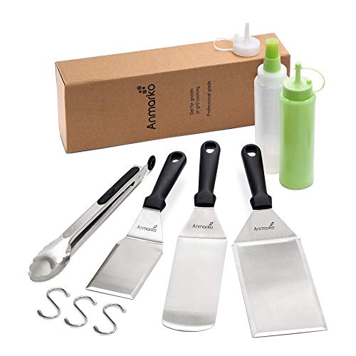 Metal Spatula Set of 6 - Griddle Accessories kit - Grill Flat Spatula Pancake Flipper Hamburger Turner - Metal Utensil Great for BBQ Grill Flat Top Cast Iron Griddle - Commercial Grade - color: Plastic handle set + tongs and bottles