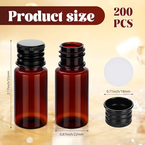 200 Pcs 10ml Mini Plastic Bottles Vials Tiny Jar with Aluminum Screw Lid Cap Clear Plastic Sample Container with Sealed Top Metal Lid for Cosmetic Essential Oil Specimen(Black and Amber) - color: Black and Amber