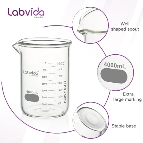Heavy Duty Glass Beakers Vol.4000ml (135.3oz) thick-walled, 3.3 Boro Griffin Low Form with Double Scale Printed Graduation for Laboratories, Industries, Schools and Home use, LVAC016 - style: Vol.4000ml