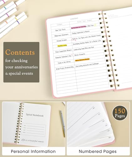 PAPEJOON Lined Spiral Journal Notebook for Women, A5 Hardcover Notebooks for Work, 150 Numbered Pages Pink Notebook, 100GSM College Ruled Journals for Writing, Note Taking, 5.75" x 8.38" - color: Blush Pink