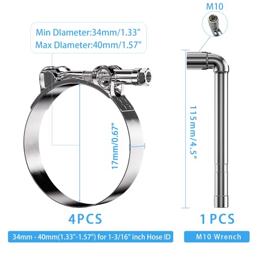 4 Pack 1-3/16 Inch T Bolt Hose Clamps 34-40mm, Heavy Duty Stainless Steel Turbo Intercooler Clamps for Fuel Line Motorcycle Radiator - size: 34-40mm(1.33"-1.57") 4Pcs