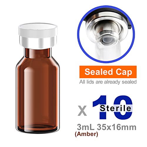 Sterile Empty Vials with Self Healing Injection Port and Aluminum Plastic Cap,Sterile Package (3ml Amber 10PCS) - size: 3ml Amber 10PCS