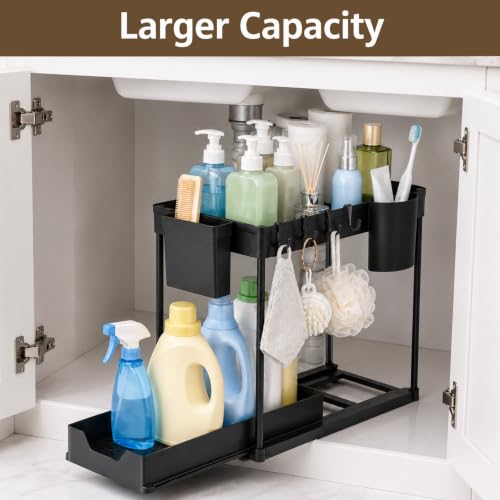 Under Sink Organizer for Bathroom/Kitchen, Large Capacity with Hooks & Cups - color: Black2-1pack