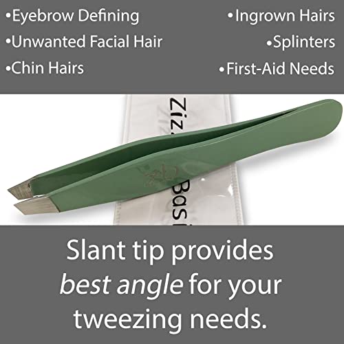 Tweezers – Surgical Grade Stainless Steel - Slant Tip for Expert Eyebrow Shaping and Facial Hair Removal – with Protective Pouch (Sage) - color: Sage
