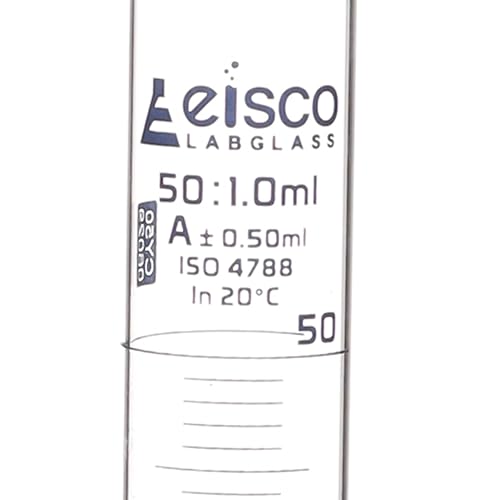 Graduated Cylinder, 50ml - Class A Tolerance ±0.50ml - Hexagonal Base - Blue Graduations - Borosilicate 3.3 Glass - Eisco Labs - size: 50mL