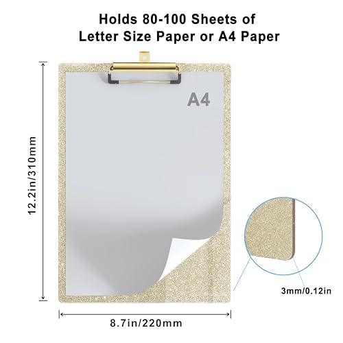 Glitter Acrylic Clipboard Decorative Standard A4 Letter Size 12.2" x 8.7", Fashion Bling Clip Boards with Designed Low Profile Gold Clip for Classroom Office - Light Gold - color: Light Gold