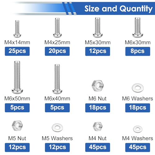 smseace 225Pcs Silver Nuts and Bolts Assortment Kit 12-Sizes M4/M5/M6 Nut Bolt Washer Assortment Kit for Machinery, Furniture, Automotive, Motorcycle Repairs - color: Silver, size: 225Pcs M4-M6
