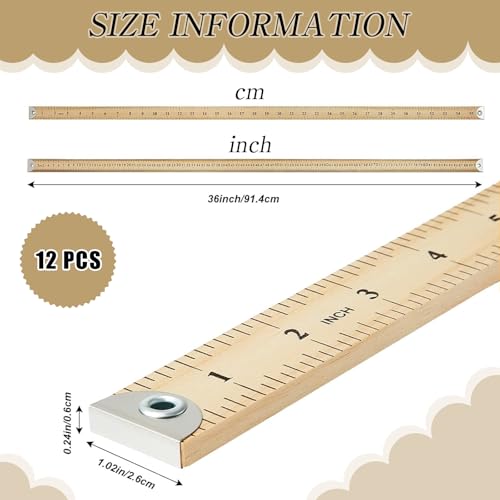 12 Pcs 36 Inches Natural Wood Yard Stick Ruler with Metal Tips and Hang Hole,Clothing Measuring Meter Stick Wooden Yardstick for Home Office