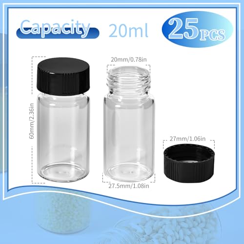 5 Dram Clear Sample Vials, Small Liquid Glass Vial, 20ml Borosilicate Glass Empty Vials with Caps, 27.5 * 57mm,24-400 Black Screw Caps with PE Liner, Pack of 25 - size: 5Dram