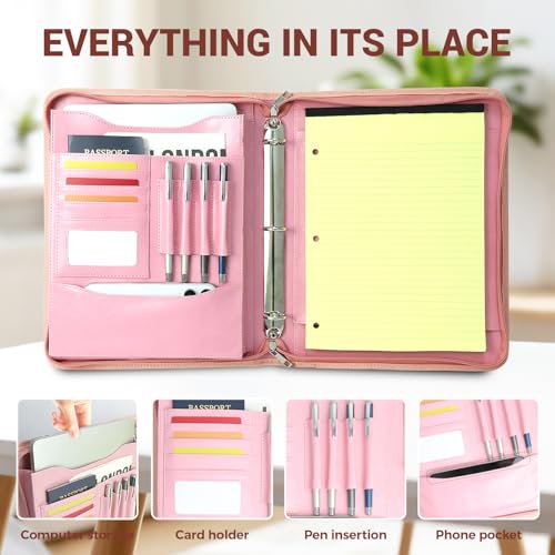 Zippered 3 Ring Portfolio Binder, Padfolio Organizer for Women - color: Pink, size: Zipper Portfolio(13.7"x11"x1.57")