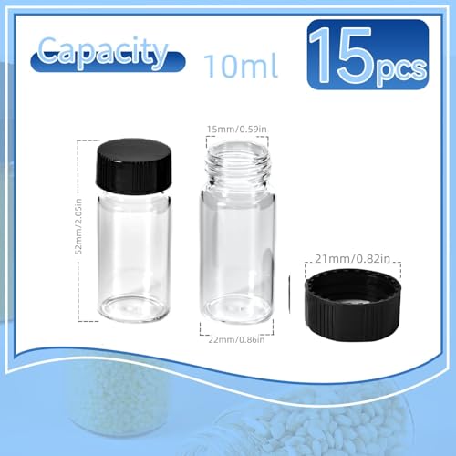 15 PCS 10ML Glass Vials, Small Liquid Sample Vial,22x52 mm Borosilicate Glass Empty Vials with Caps, Leak-Proof Vial,18-400 Black Screw Caps with PE Liner - size: 10Ml(22x52mm)