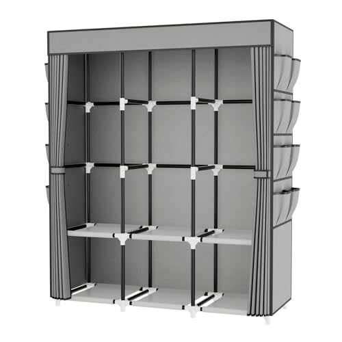 Portable Closet with Cover, 3 Hanging Rods and Side Pocket, Sturdy Free Standing Closet, Grey - color: Grey, size: 3 Row - 49.2'' Wide