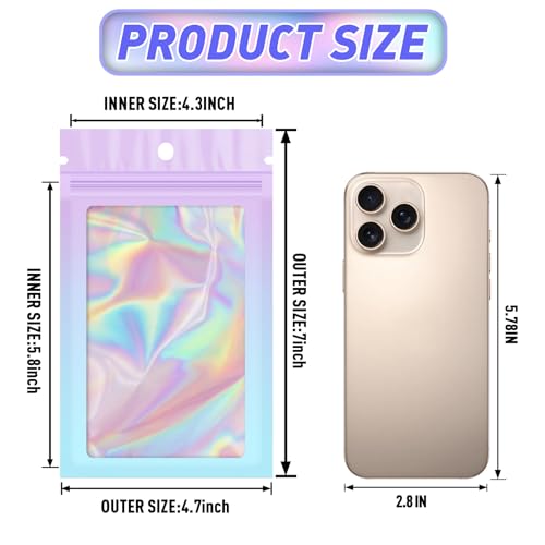 Funfery 100 Pack Holographic Bags,Resealable Bags with Zipper,Clear Window Packaging Pouch,Foil Bag for Food Storage,Sample Jewelry Bag(4.7×7In,Purple Blue) - color: Purple Blue, size: 4.7x7 Inch