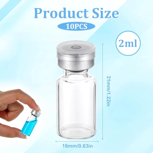 10 Pack 2ml Sealed Sample Vials, Empty Transparent Storage Glass Vials with Self-Healing Rubber Stopper, Crimp Top Caps and Flip Top Cap, Clear Dose Glass Vial for Liquids, Oils, Labs