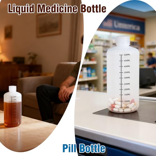 DEMORA 16oz Plastic Bottles with Airtight Caps for Liquids, Graduated Food Grade Plastic Containers, HDPE Thick Liquid Containers for Water Sample Medicine Laboratory Reagent (Translucent, 2 Pcs) - size: 16 Ounces