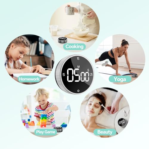 Digital Kitchen Timer with Magnetic, Large LED Display Countdown/Countup Timer, Pomodoro Preset 5/15/25 Mins, Volume & Brightness Adjustable for Cooking Baking Working Studying Silver - color: Sliver