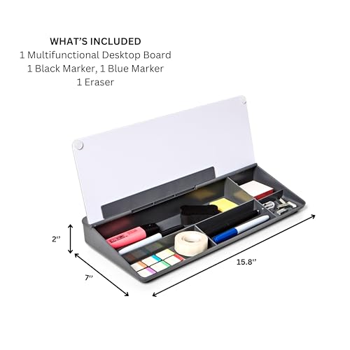 GAROOD Desktop Dry Erase Board with Storage (Grey Base) Desk Desk Board Glass Desktop White Board with Stand Home Office Organizer Phone Holder 15.8X7X2 inches - color: Grey Base + Whiteboard