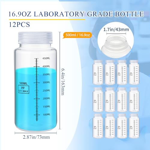 Tatuo 12 Pcs 16oz 500ml Plastic Sample Bottles with Screw Cap, Liquid Containers with Lid for Lab Reagent Sample Medicine Pill Water Storage, Travel Bottles(Clear, Wide Mouth-Dark Scale) - color: Clear, size: 16 oz 500 ml, style: Wide Mouth-dark Scale