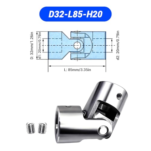 20mm to 20mm Universal Joint Coupling, D32 L85 Stainless Steel Rotatable Steering Shaft U Joint Coupler Motor Connector for DIY Model RC Car Robot - size: D32-L85-H20, style: No Keyway