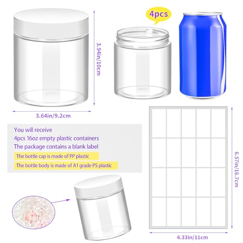4 Pack 16oz Plastic Jars with Lids, 480ml Round Clear Cosmetic Containers Makeup Jars, Travel Size Container Jar for Makeup Cream Lotion Sample Salve Ointment Travel Storage Beauty Products - color: White, size: 16oz