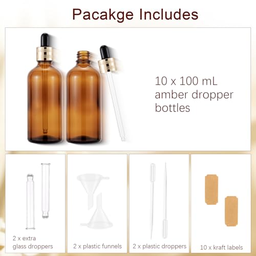 10 Pack 100ml Amber Glass Sample Dropper Bottles with Golden Caps - color: Amber, size: 100mL-10pcs