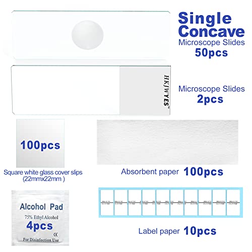 Depression Concave Microscope Slides Kit, 50 Pcs Pre-Cleaned Microscope Slides and 100 Pcs Square Coverslips Cover Glass for Monocular Binocular Trinocular Microscopes (Single Concave Slides)