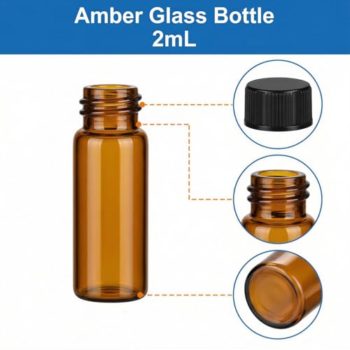 100Pcs 2ml Amber Glass Vials with Caps - Mini Essential Oil Sample Bottles (5/8 Dram) - Leak Proof UV Resistant Tiny Jars for Perfume Decants, Lab Reagents & Travel Samples - color: Amber, size: 2ML