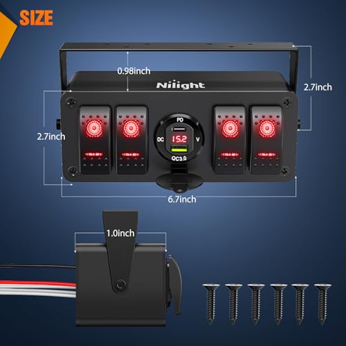 Nilight 4 Gang Rocker Switch Box 12V SPST ON Off Toggle Switches PD Type C and QC 3.0 USB Charger Voltmeter LED Light Waterproof Aluminum Mount Bracket Panel DIY Stickers for Boat Car RV Truck - color: Red+Box, size: 4+1 Gang Type C +USB