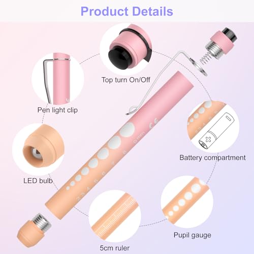 RISEMART 2 Pack Pen Lights for Nurses, Reusable Medical Light with Pupil Gauge and Ruler, White Light LED Penlight for Student Doctors - color: Pink+Purple
