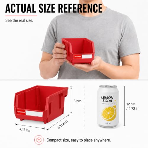 24 Pack Stackable Parts Bins, 5x4x3 in, Plastic Small Parts Organizer, Red - color: Red-24 Pack, size: 5"x4"x3"