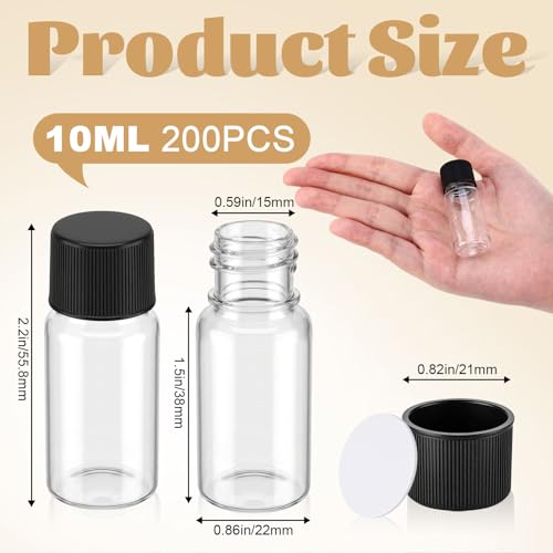 Lemonroad 200 Pcs 10 ml Plastic Vials with Screw Caps and Plastic Stoppers - color: Black