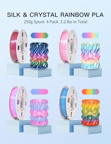PINBALL Silk Rainbow & Crystal Rainbow PLA Filament 1.75mm, 3D Printer Filament Fast Color Change, Fit Most FDM Printers, 250g Spool, 4 Rolls - color: Pla-250g*4-silk&crystal Rainbow, size: PLA-250g*4