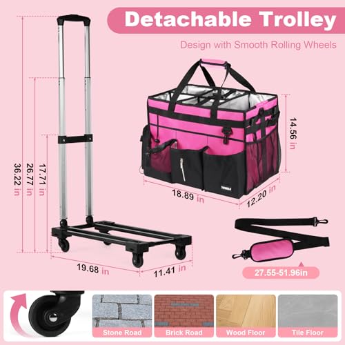 Extra-Large Rolling Cleaning Caddy with Wheels,Cleaning Caddy Bag with Detachable Trolley,Water Resistant Lining Cleaning Supply Organizer with Handle for Cleaners,Housekeepers - color: Pink Rolling, size: Extra-Large