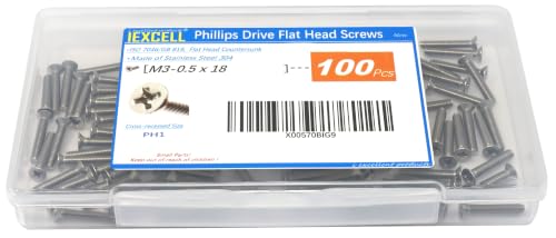 iexcell 100 Pcs M3 x 18mm Thread Pitch 0.5 mm Stainless Steel 304 Phillips Drive Flat Head Countersunk Screws Bolts, Bright Finish - size: M3 x 18mm