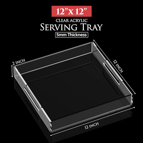 Acrylic Tray 12x12 with Cut Handles - Spill Proof Decorative Tray is an Ideal Countertop Organizer for Living Rooms, Ottoman Coffee Tables, Offices, Kitchens & Serving Guests - color: Transparent, size: 12" x 12" x 2"